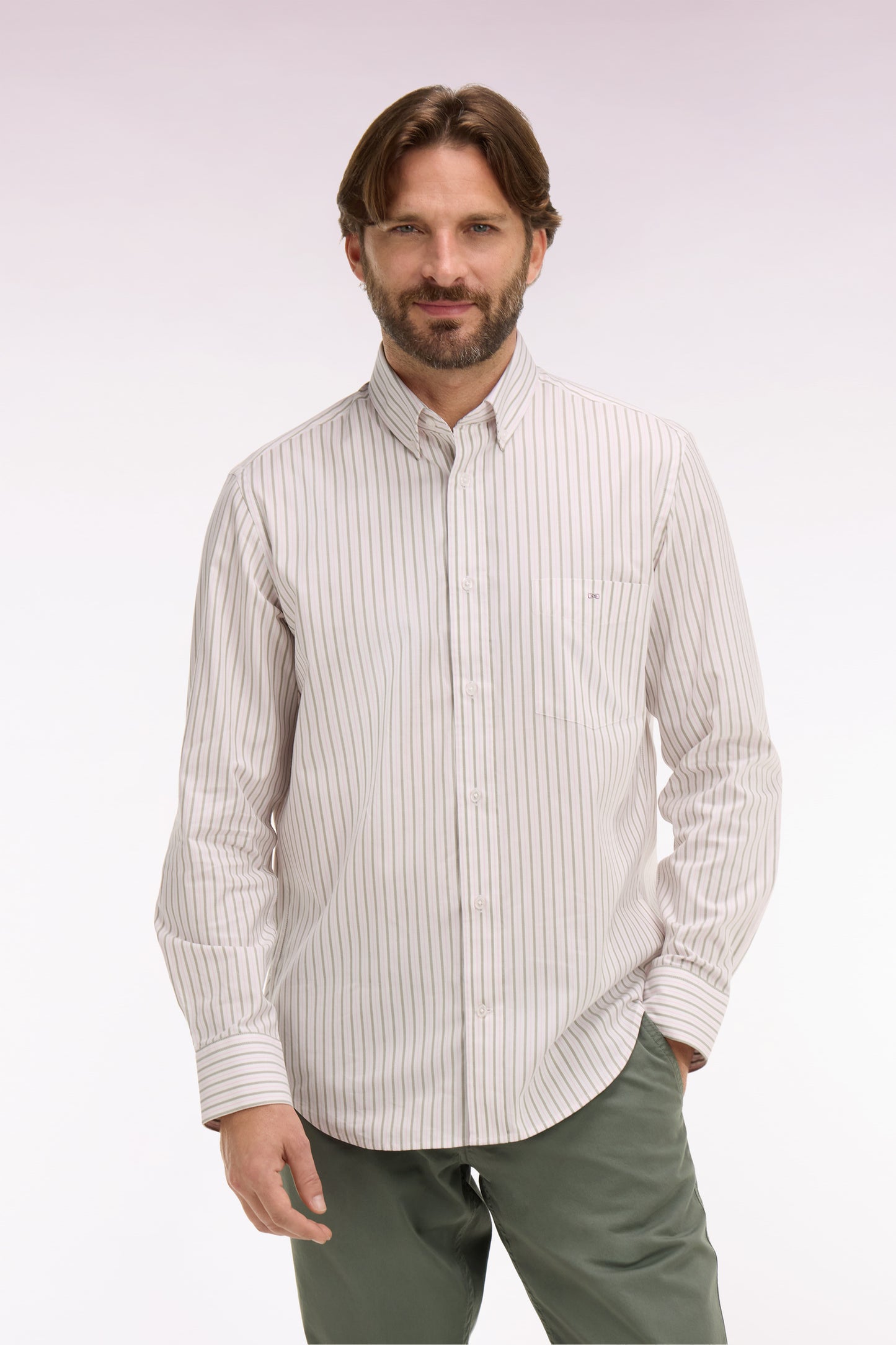 Chemise en coton pinpoint à rayures rose coupe regular