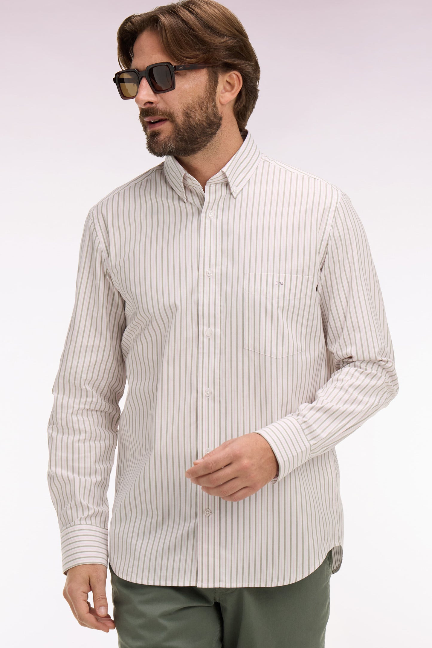 Chemise en coton pinpoint à rayures rose coupe regular