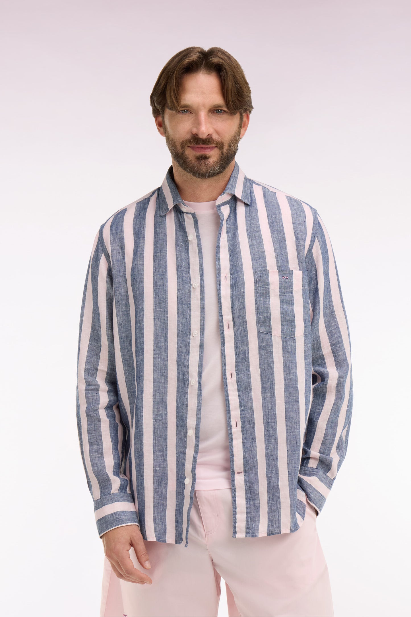 Navy linen shirt with stick stripes