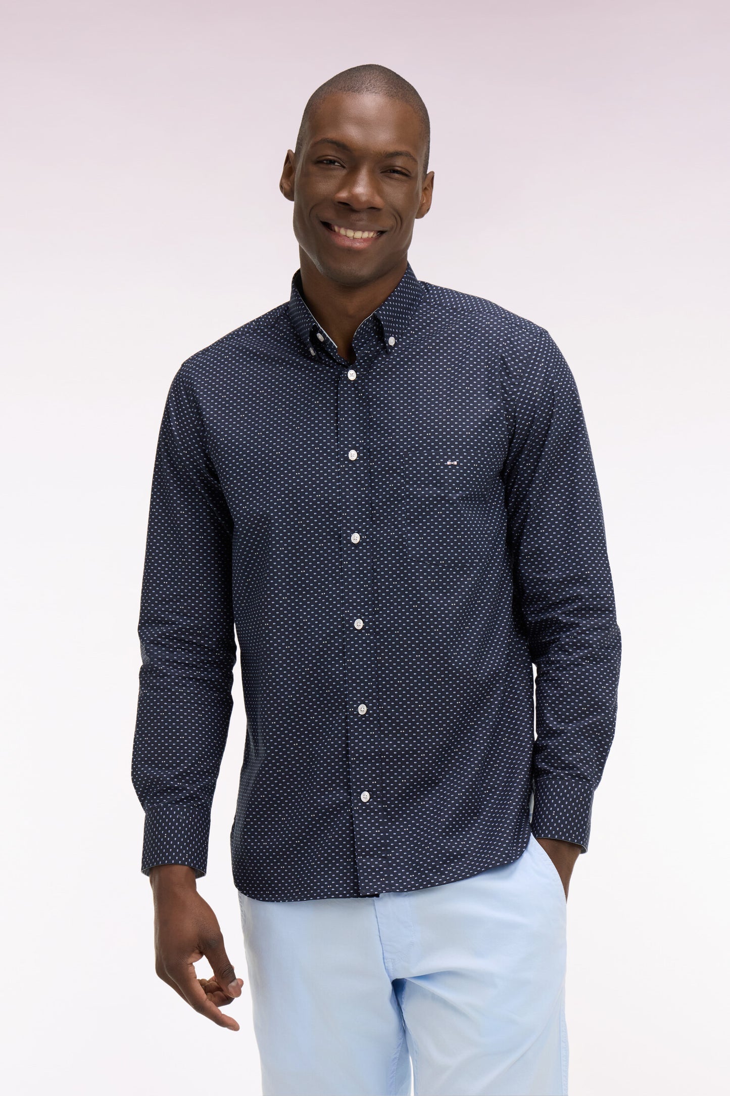 Regular fit sky blue micro-patterned cotton poplin shirt