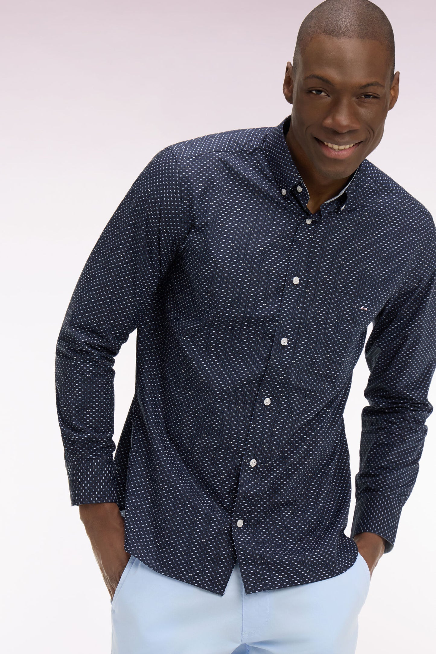 Regular fit sky blue micro-patterned cotton poplin shirt
