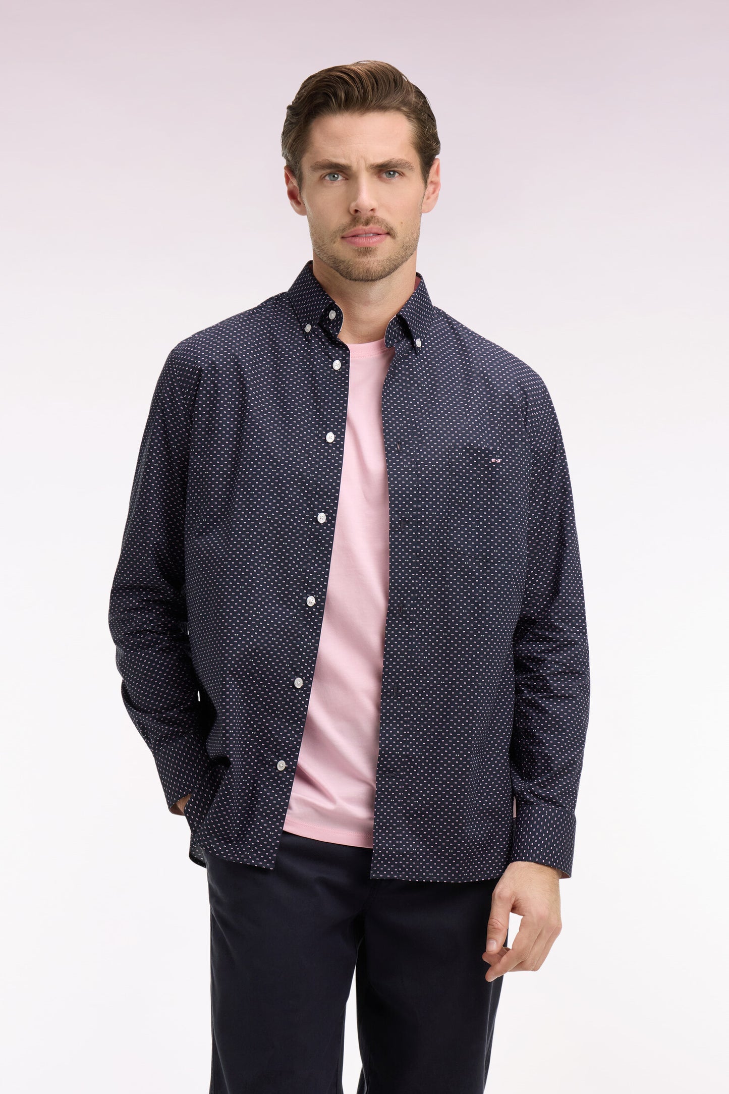 Regular fit pink micro-patterned cotton poplin shirt