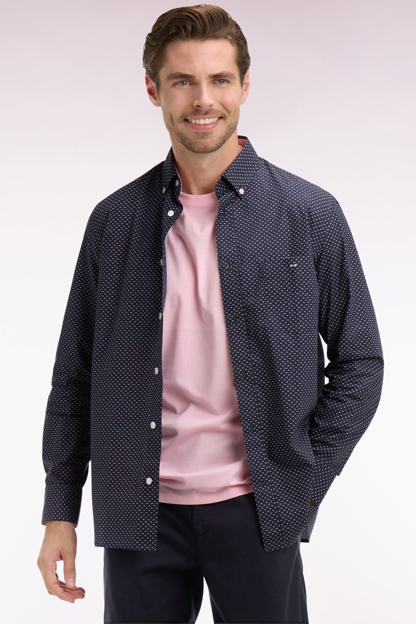 Regular fit pink micro-patterned cotton poplin shirt