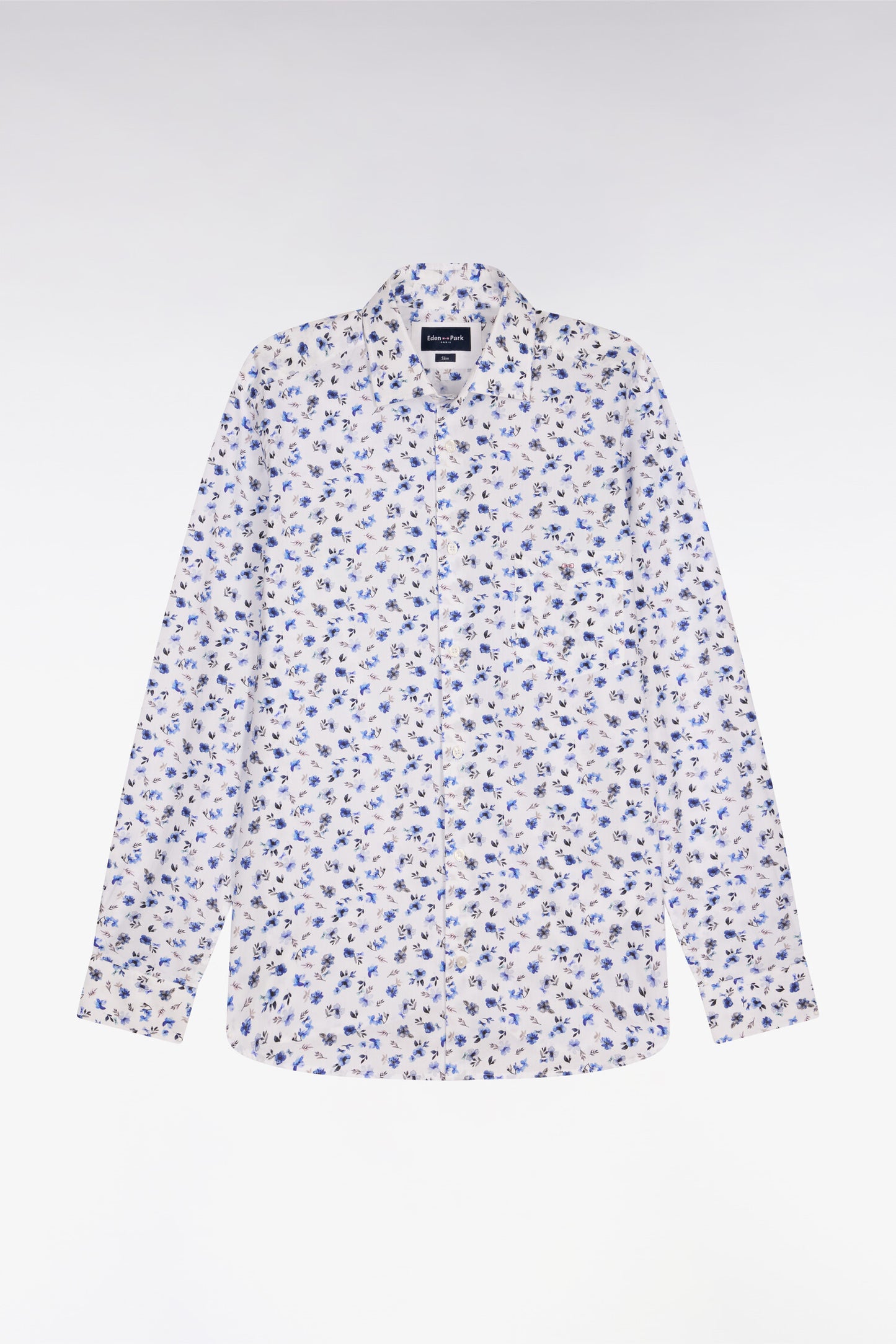 Slim fit blue floral print cotton poplin shirt