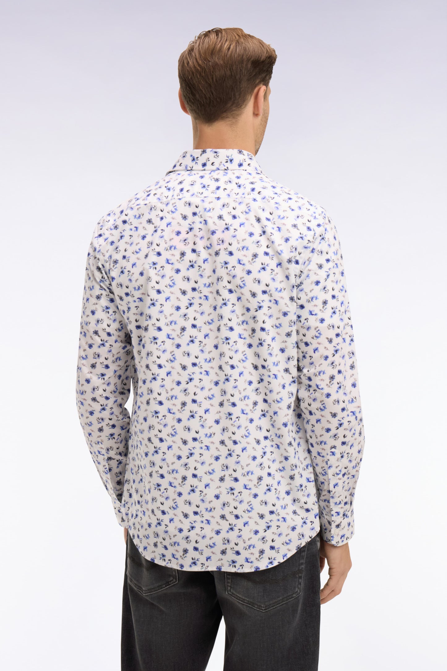 Slim fit blue floral print cotton poplin shirt