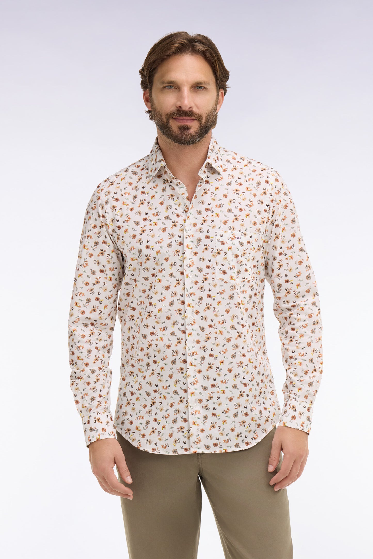 Slim fit orange floral print cotton poplin shirt