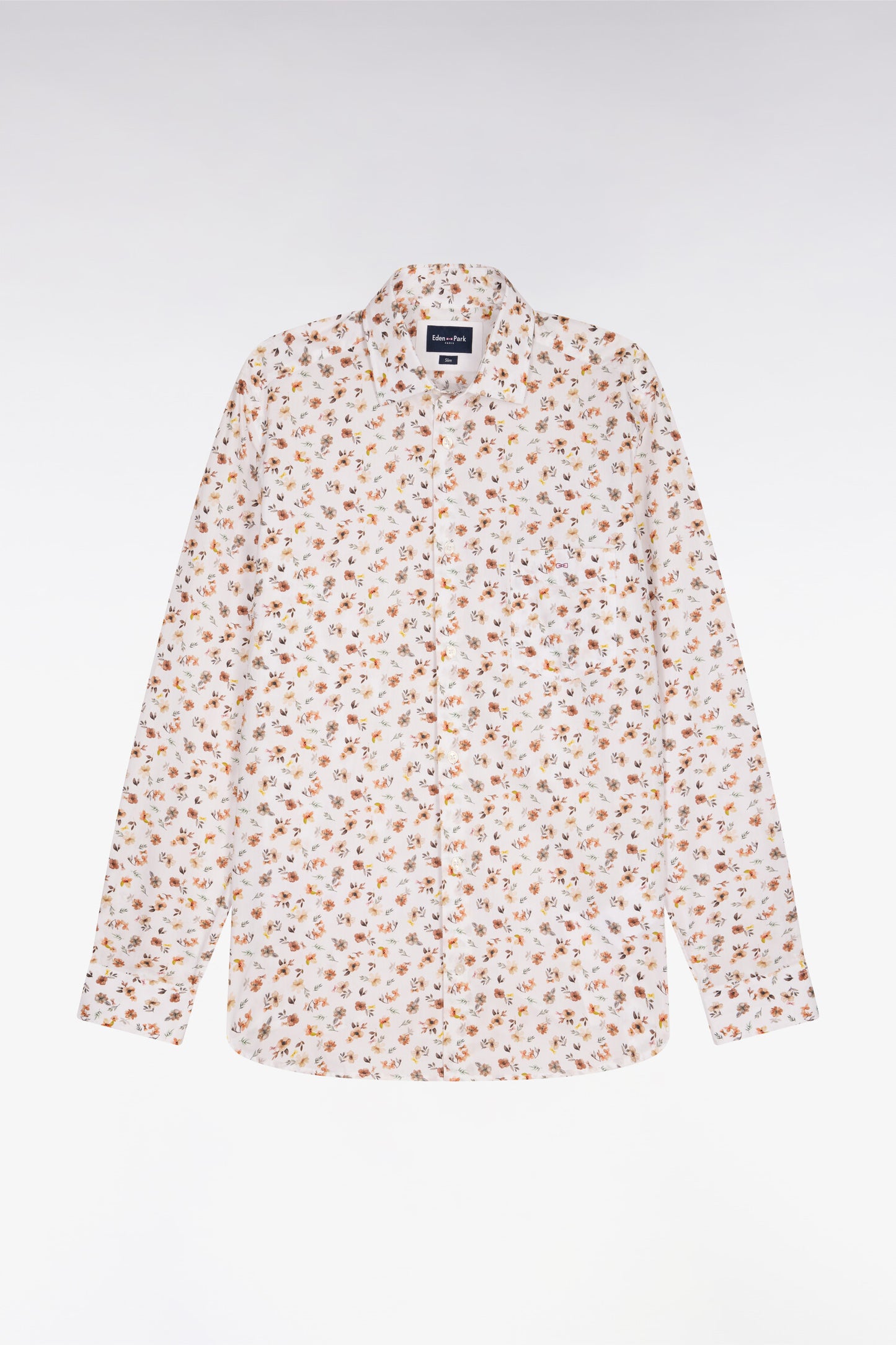 Slim fit orange floral print cotton poplin shirt