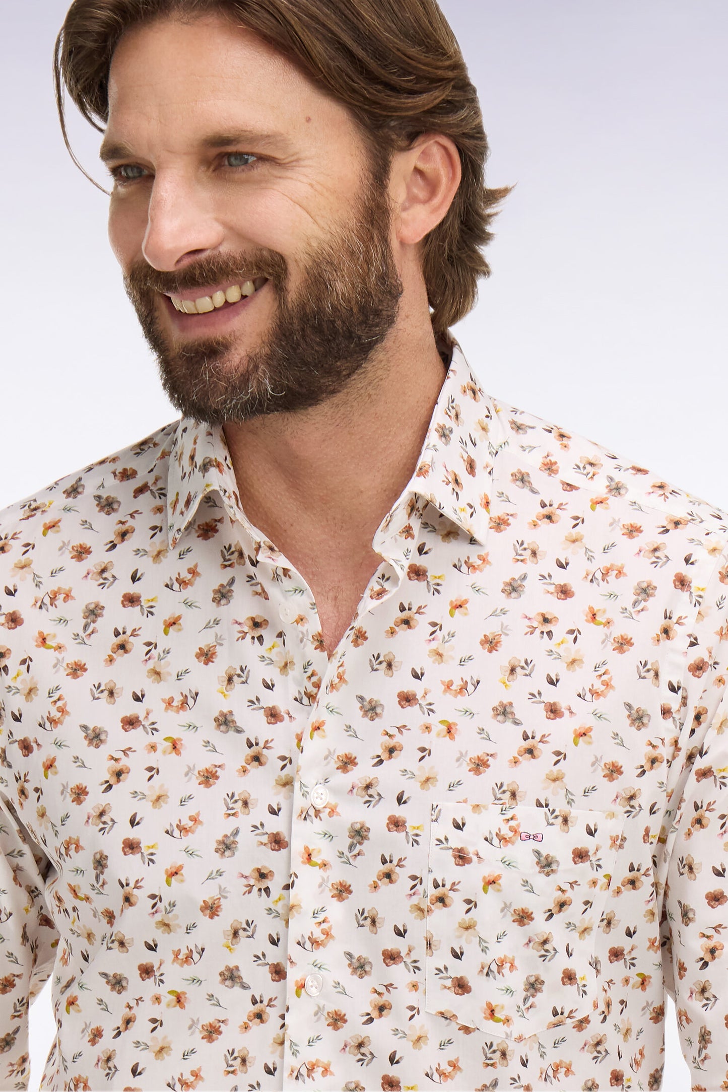 Slim fit orange floral print cotton poplin shirt