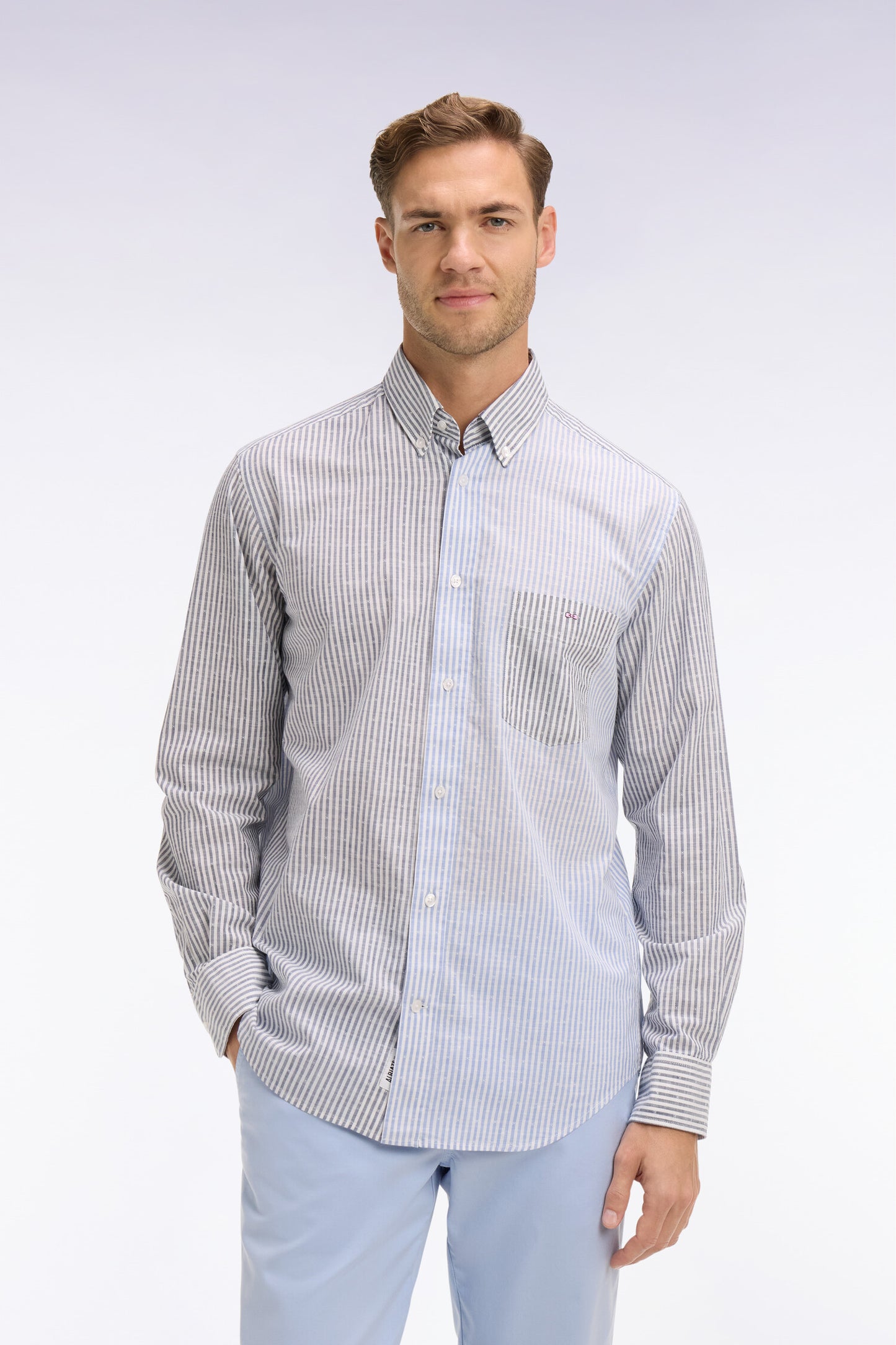 Dobby jacquard cotton shirt with blue stick stripes