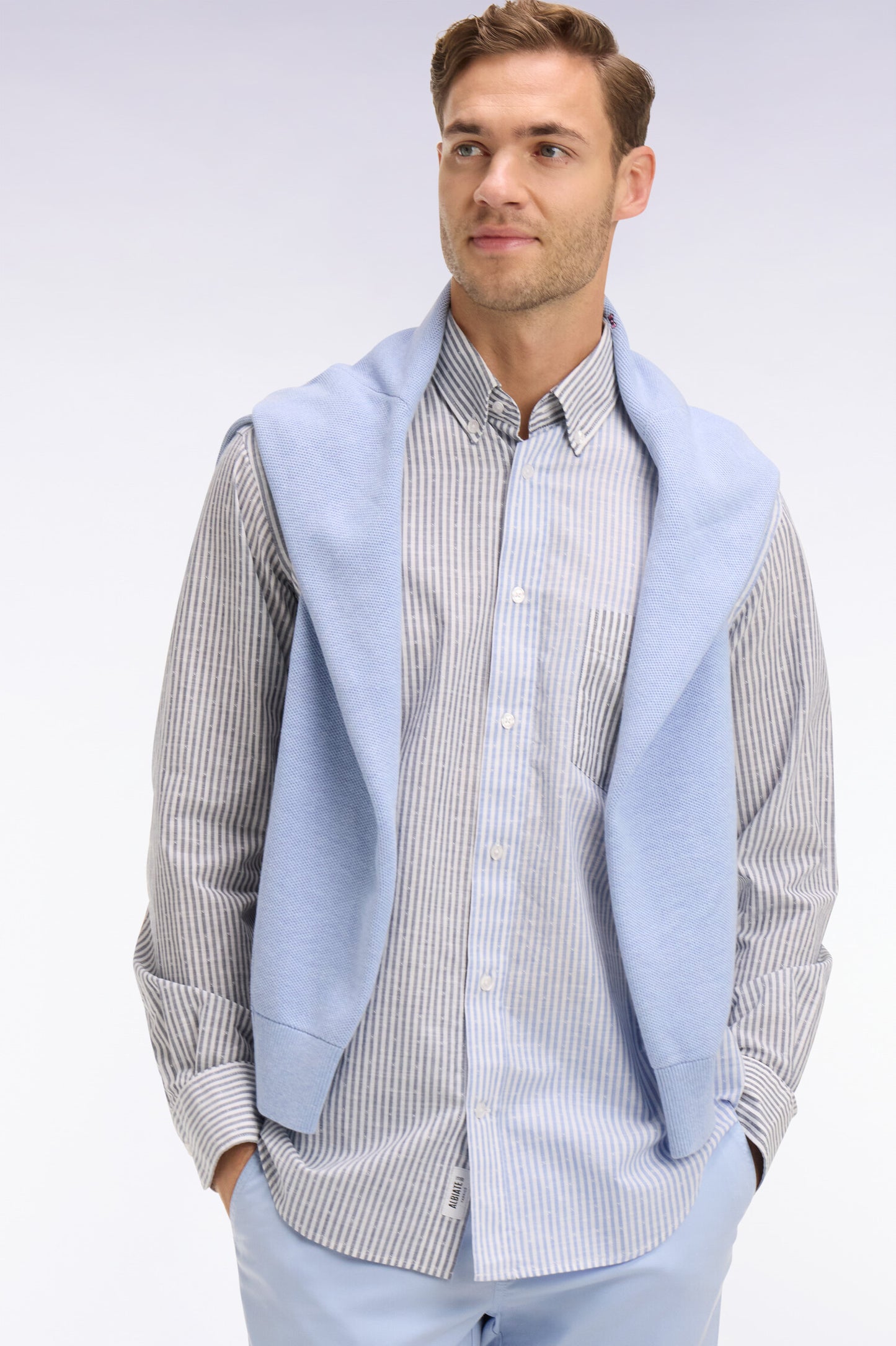 Dobby jacquard cotton shirt with blue stick stripes