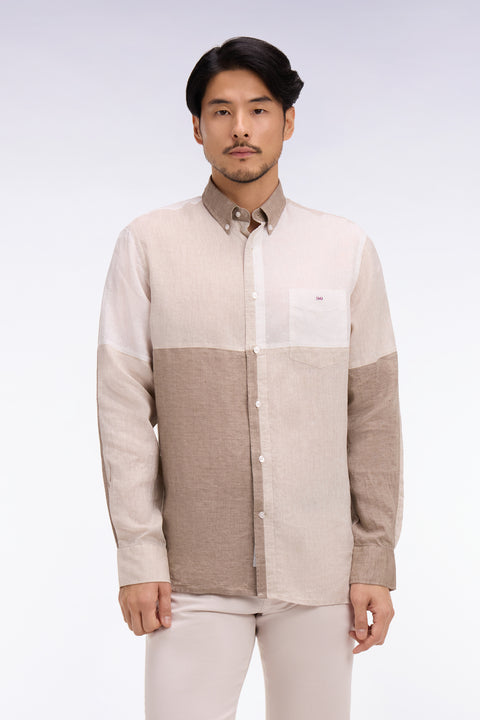 Chemise en lin beige colorblock coupe regular - Image 1