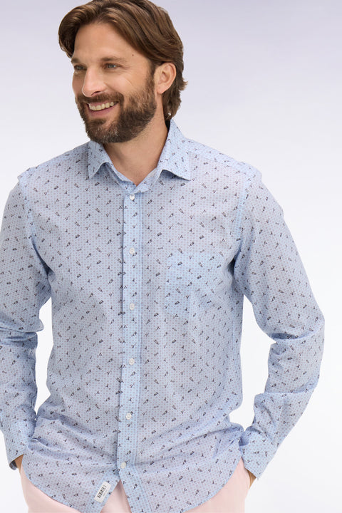 Chemise en popeline de coton bleu ciel à micromotifs coupe slim - Image 1