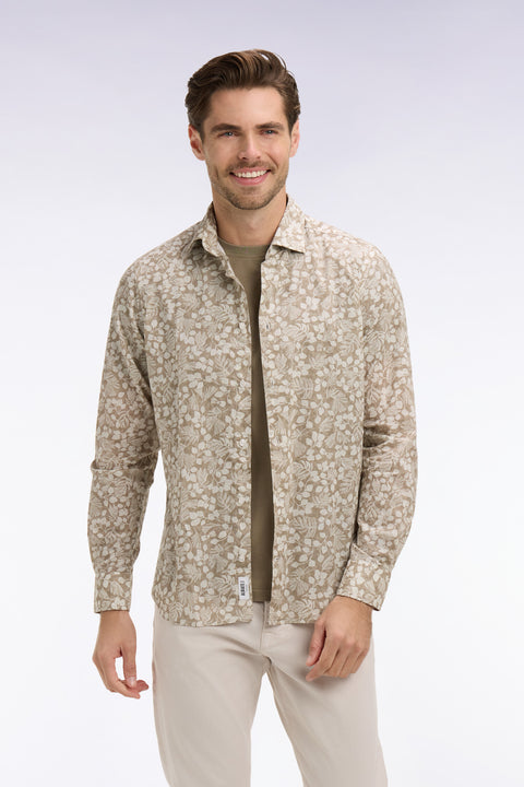 Chemise en popeline de coton beige à micromotifs végétal coupe slim - Image 3