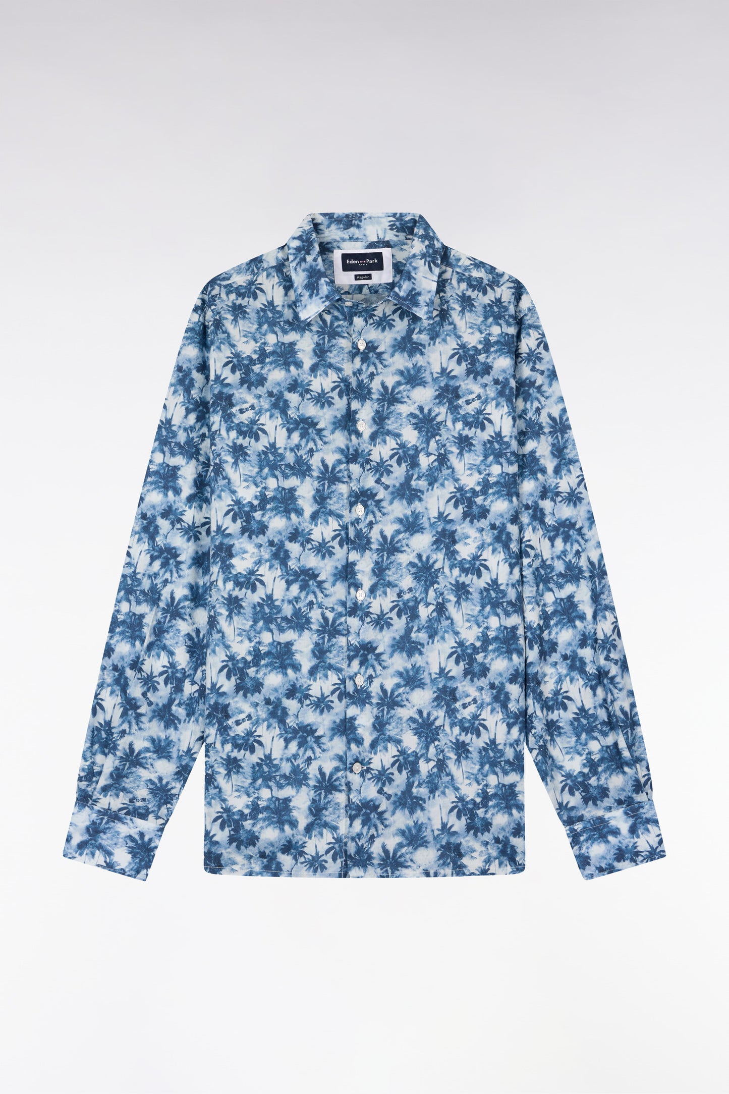 Regular fit blue palm tree print cotton poplin shirt