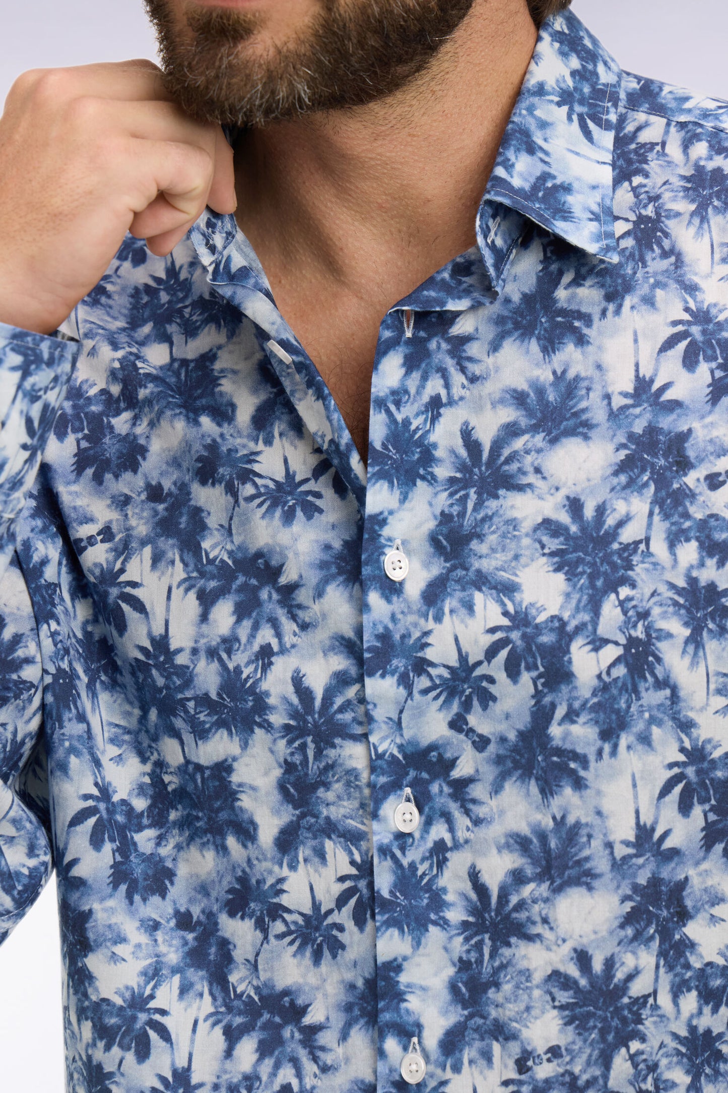 Regular fit blue palm tree print cotton poplin shirt