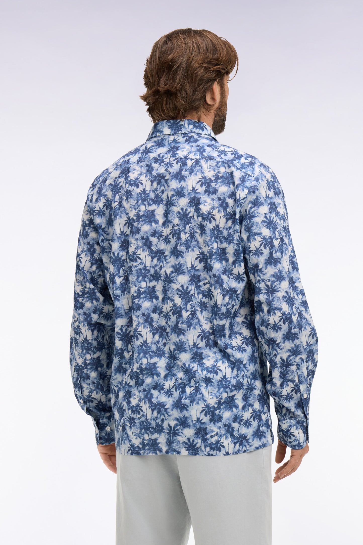 Regular fit blue palm tree print cotton poplin shirt