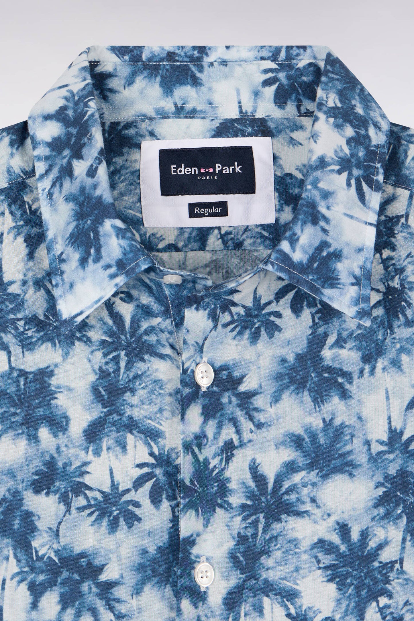 Regular fit blue palm tree print cotton poplin shirt