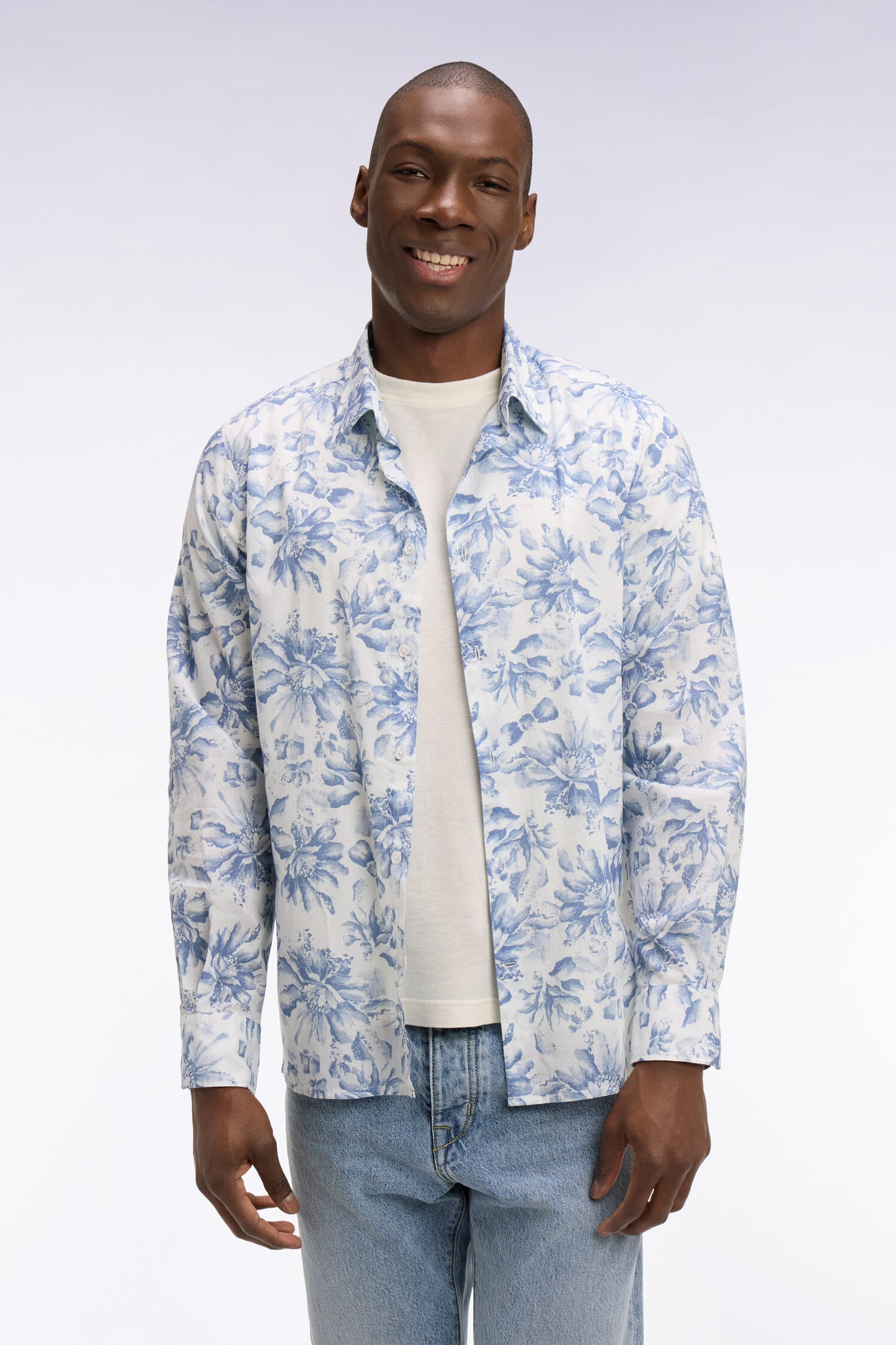 Regular fit sky blue floral print Italian cotton poplin shirt