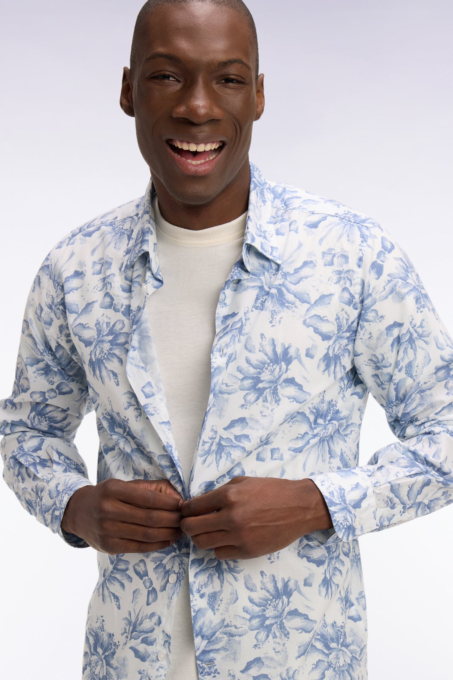 Regular fit sky blue floral print Italian cotton poplin shirt