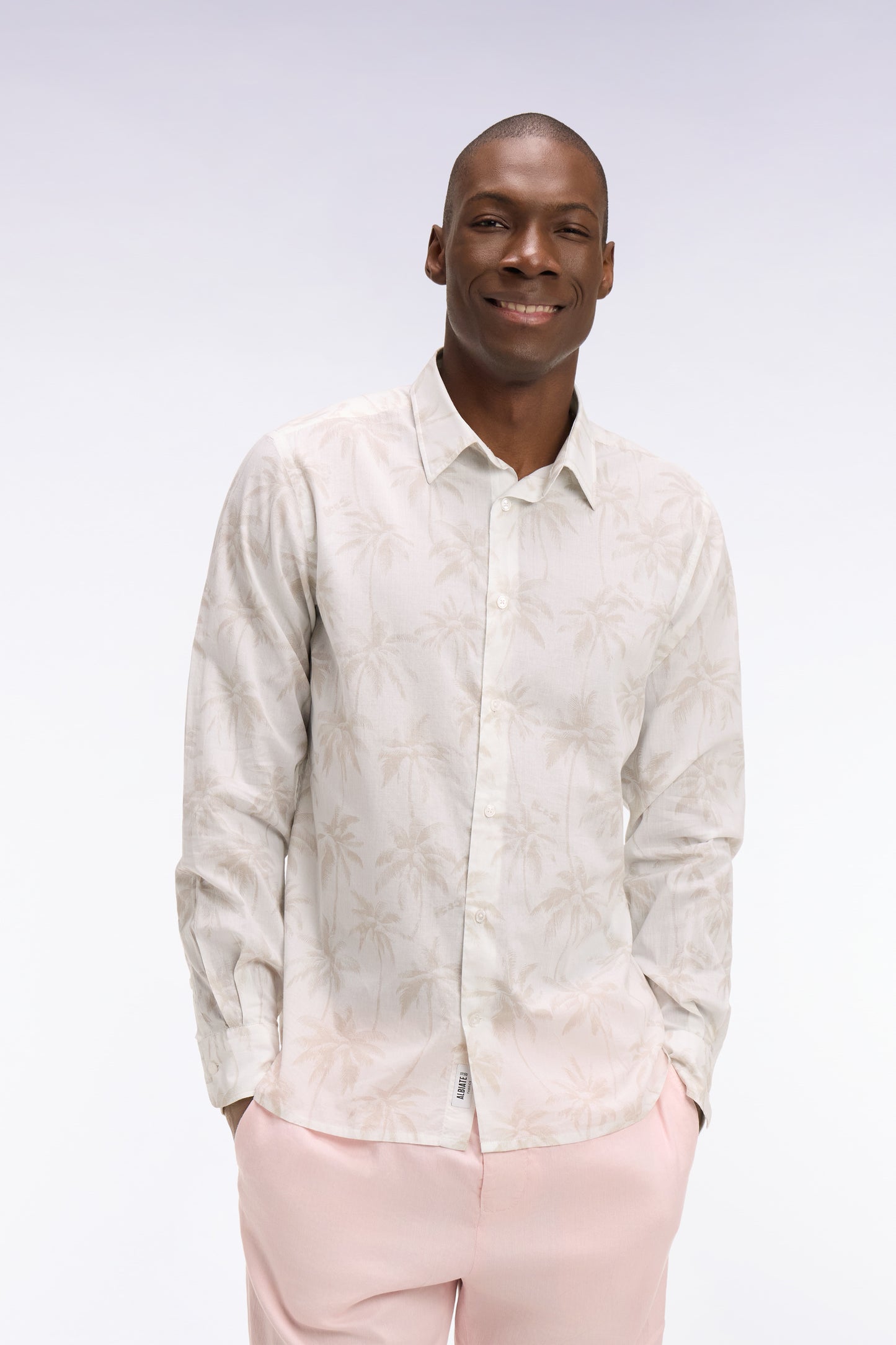 White cotton shirt with beige palm print, regular fit
