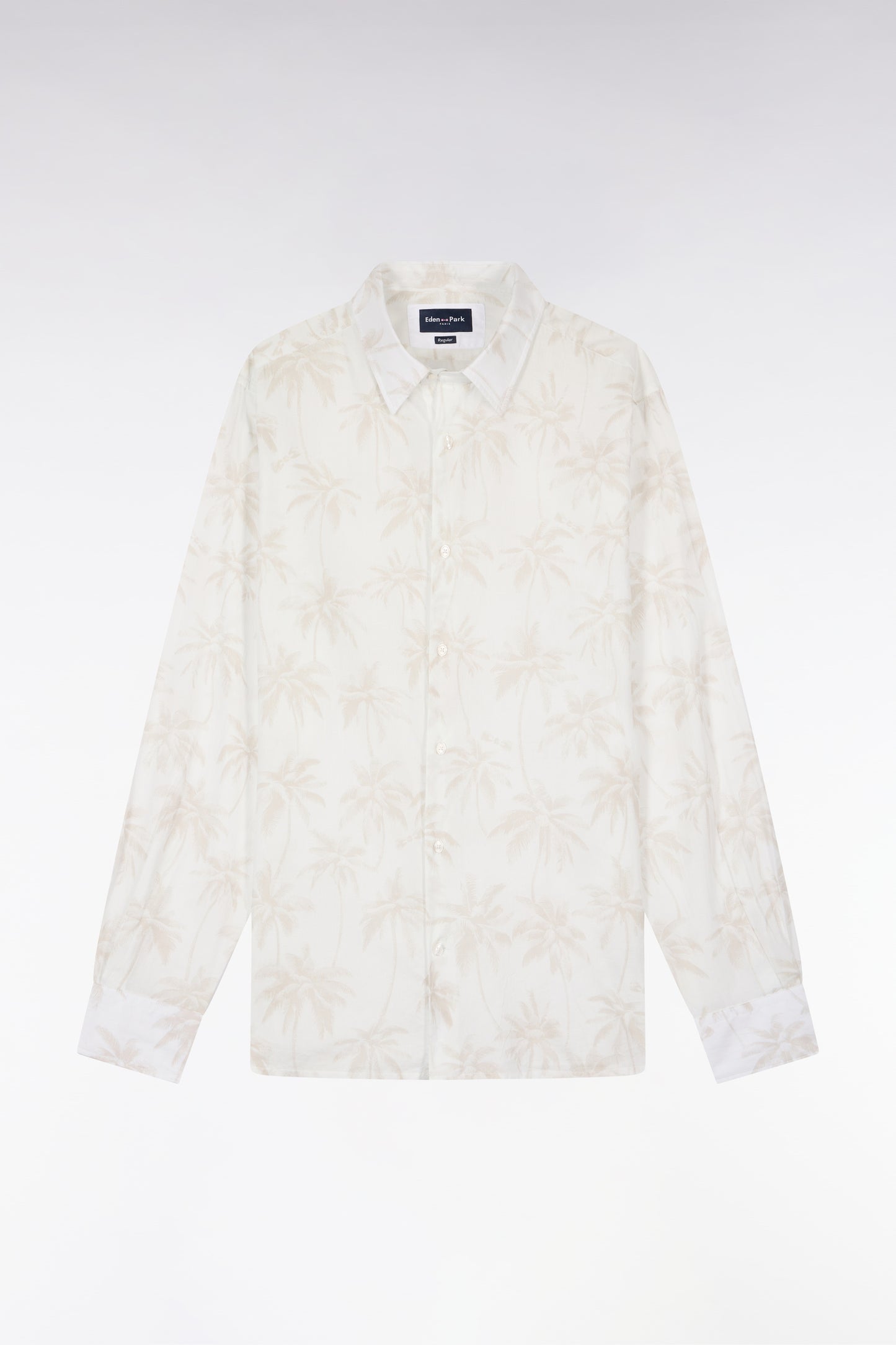 White cotton shirt with beige palm print, regular fit
