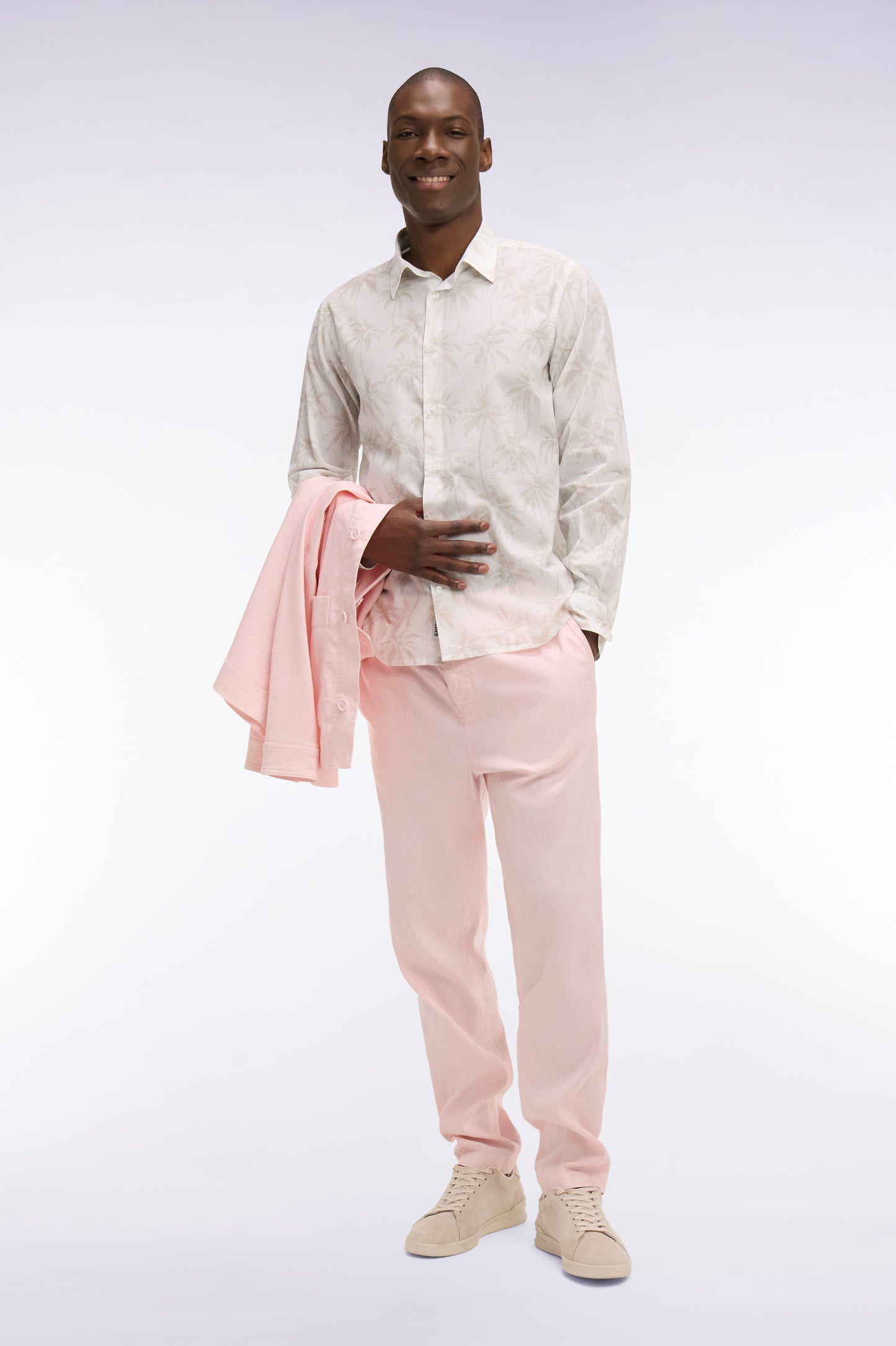 White cotton shirt with beige palm print, regular fit