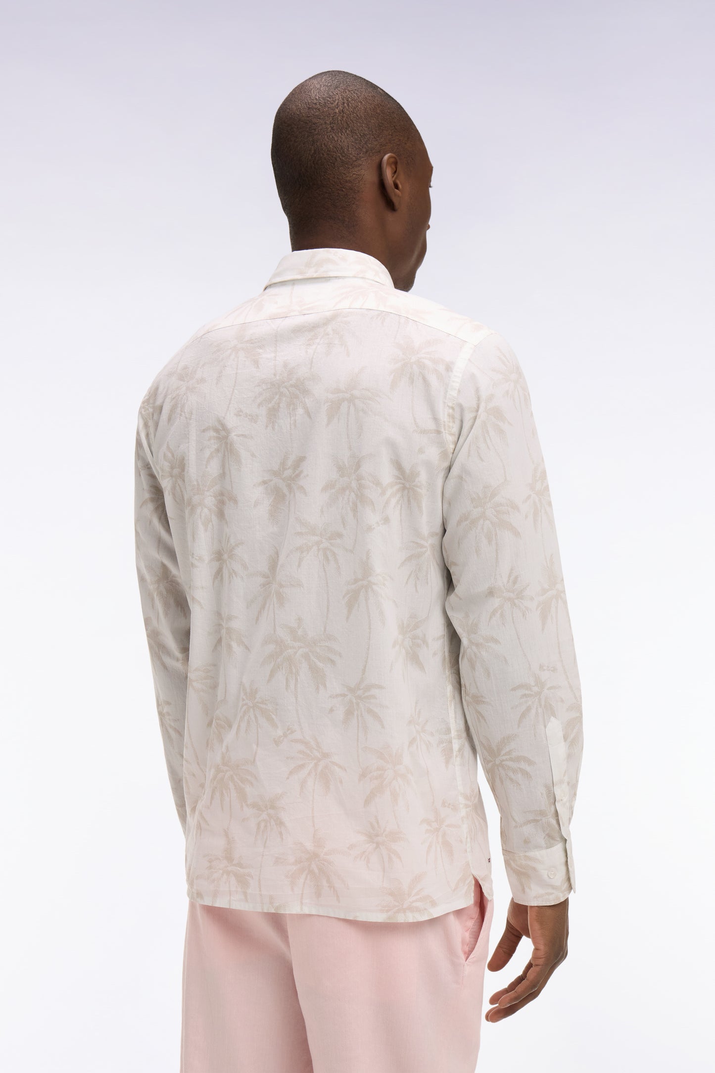 White cotton shirt with beige palm print, regular fit