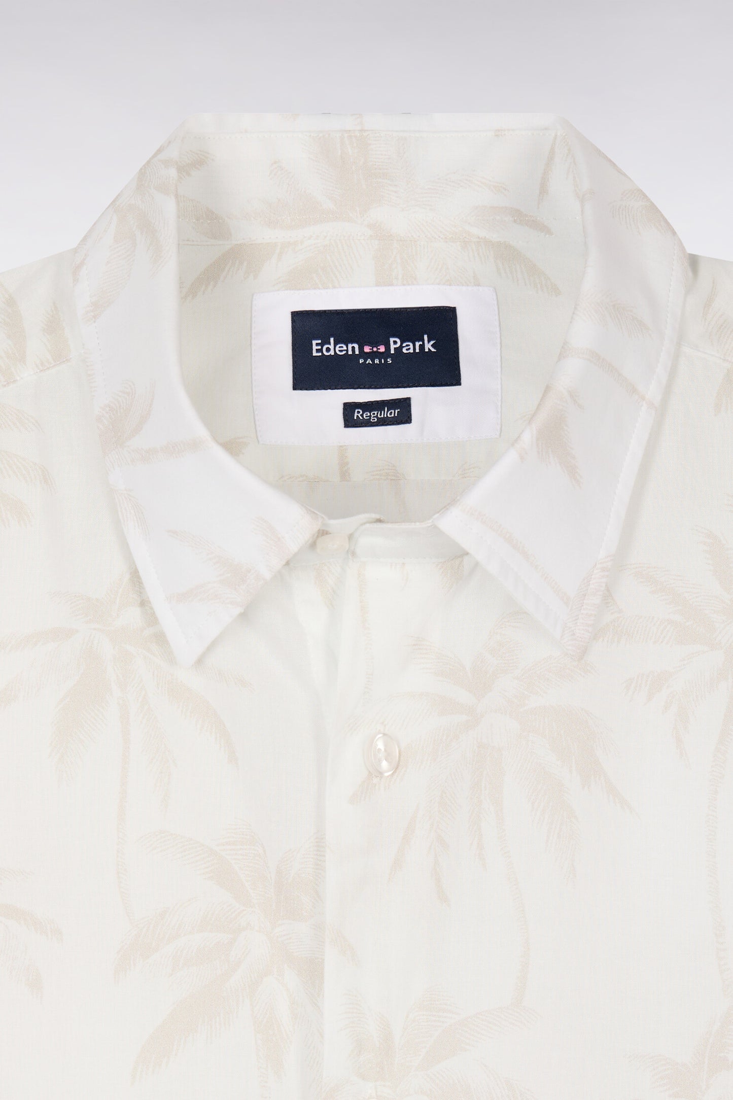 White cotton shirt with beige palm print, regular fit