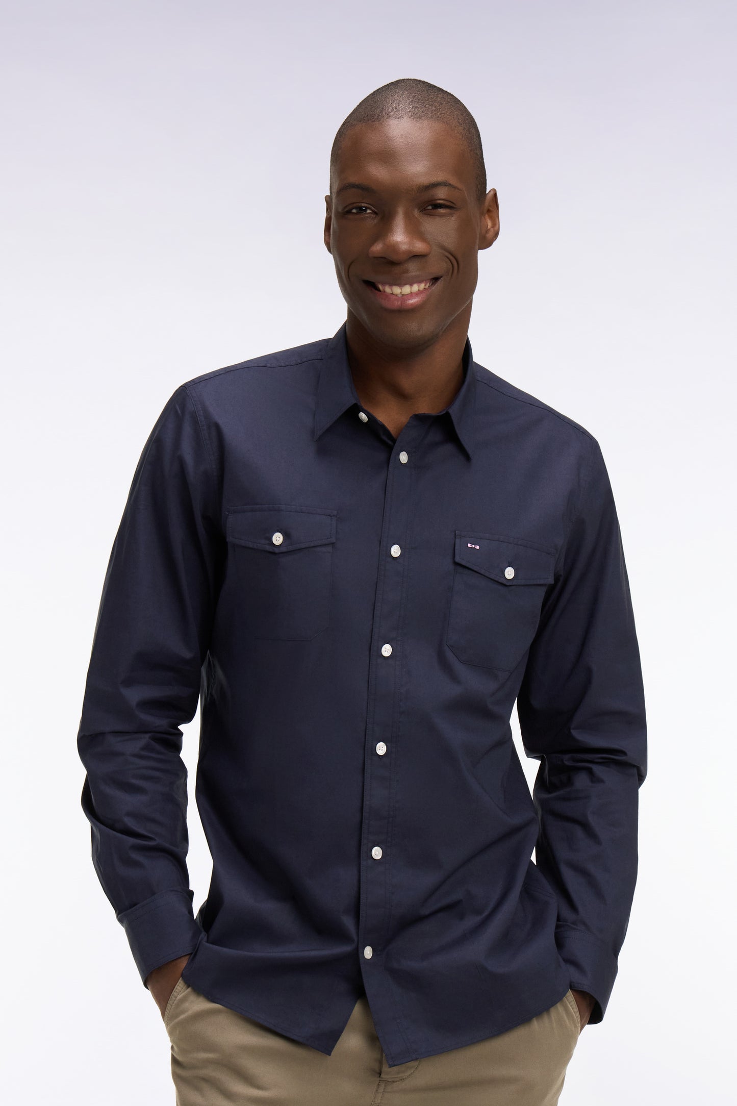 Chemise en popeline de coton Pima marine coupe regular