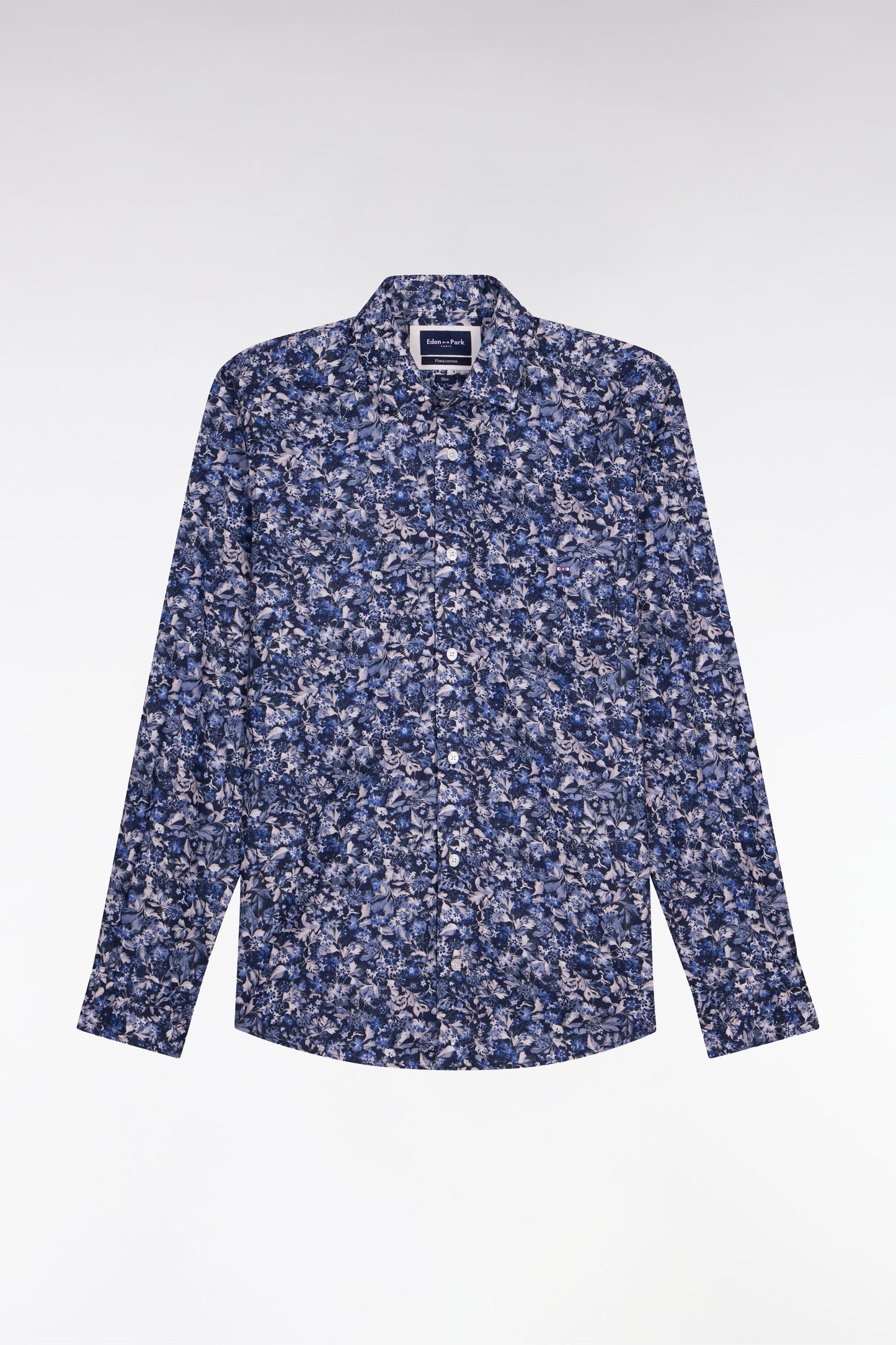 Chemise en popeline de coton marine à microimprimé floral coupe slim