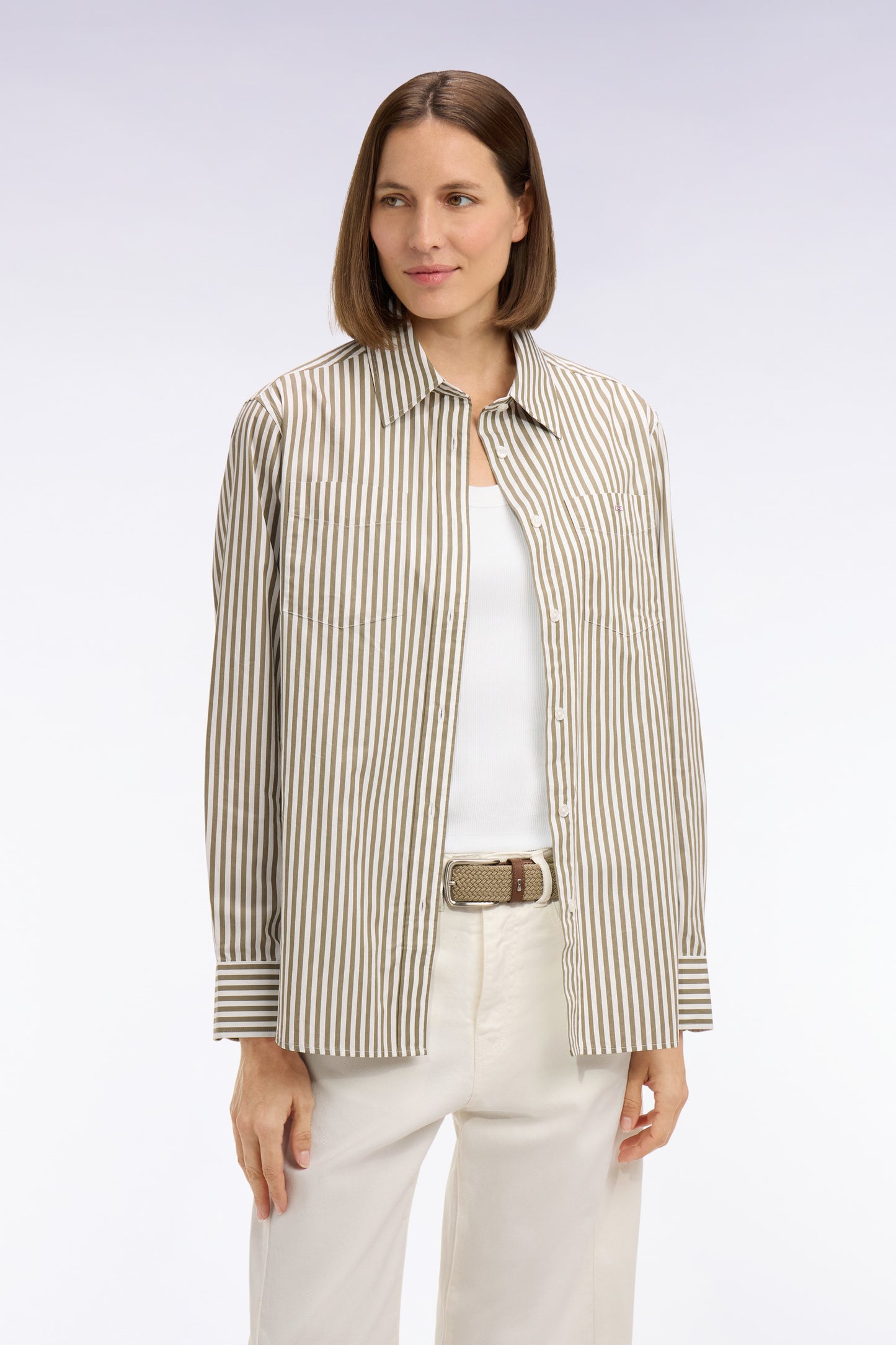 Striped slim fit beige cotton poplin shirt