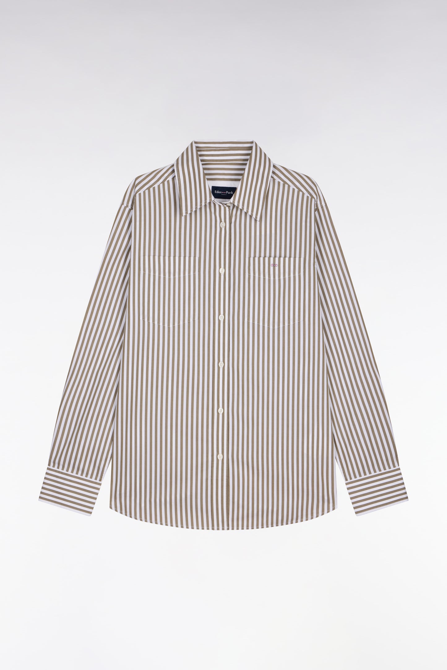Striped slim fit beige cotton poplin shirt