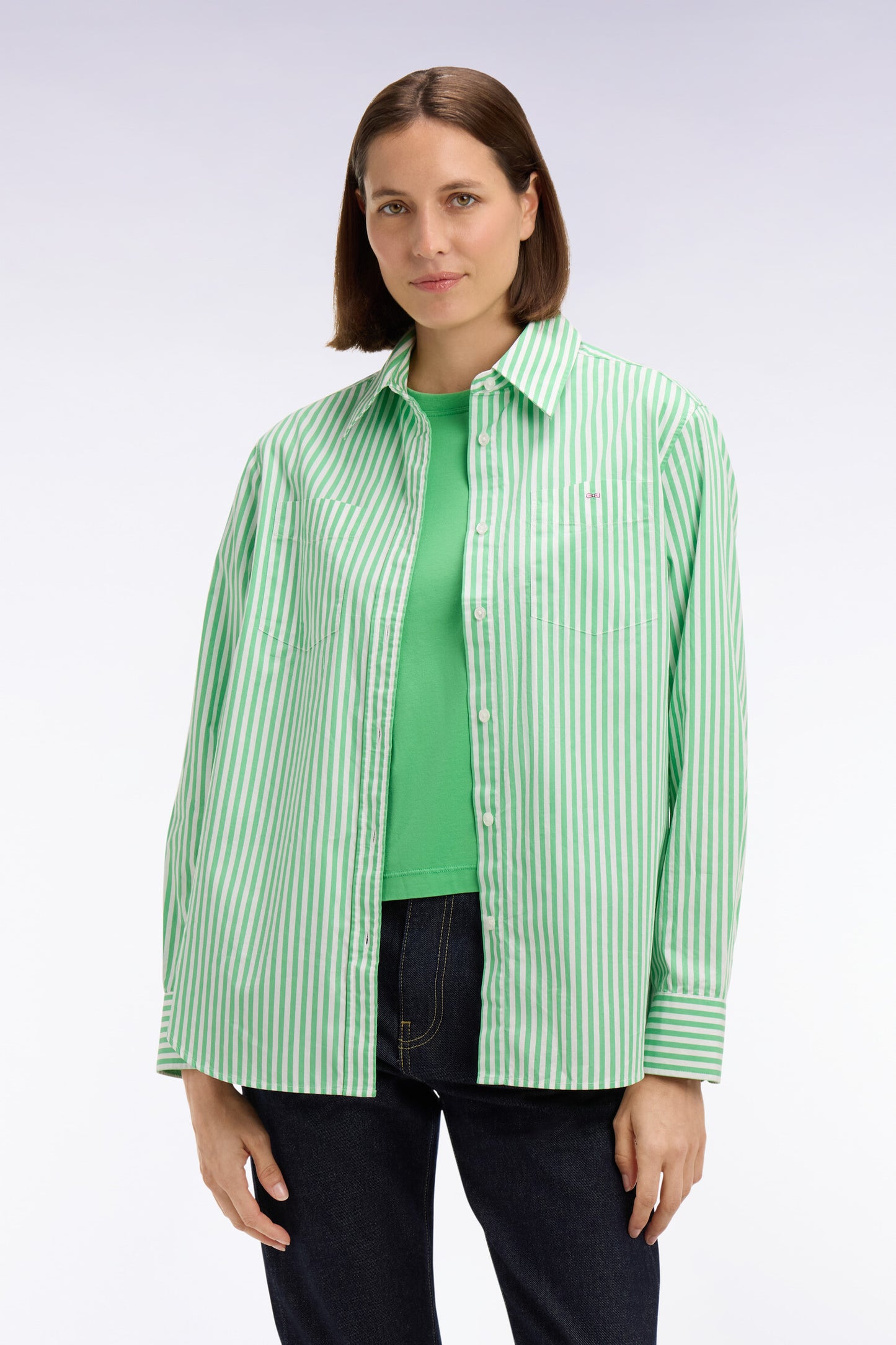 Slim fit striped green cotton poplin shirt