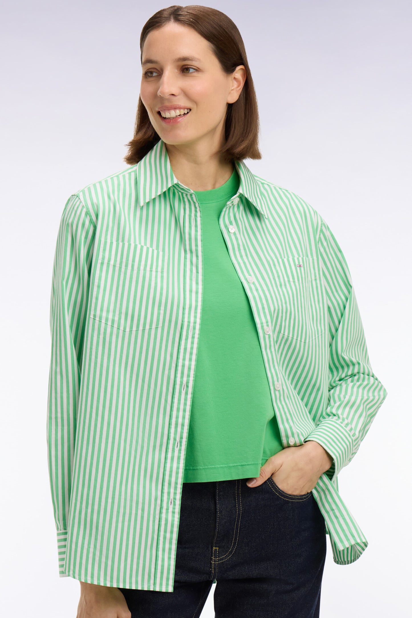 Slim fit striped green cotton poplin shirt