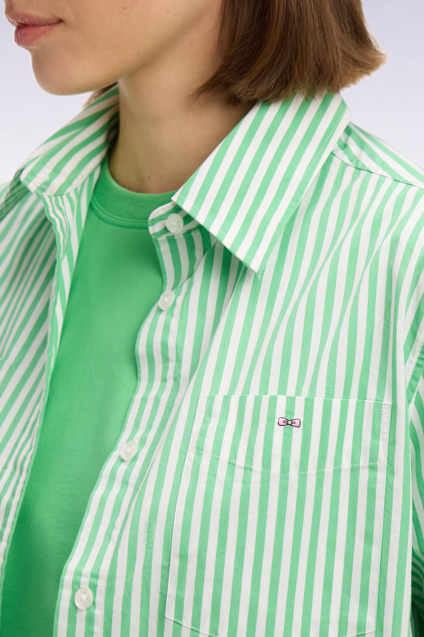 Slim fit striped green cotton poplin shirt