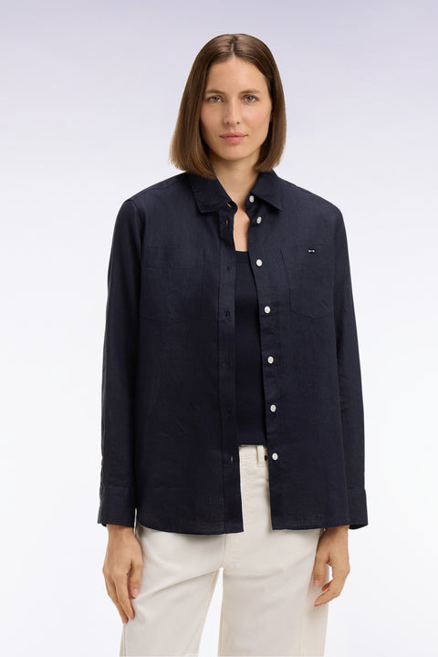 Navy linen shirt with patch pockets - Image 3