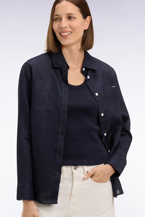 Navy linen shirt with patch pockets - Image 1