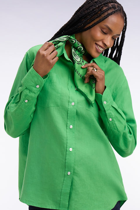 Green linen shirt with patch pockets - Image 1