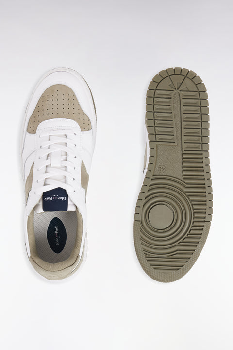 Sneakers bicolores en cuir lisse blanc et cuir suédé kaki - Image 3