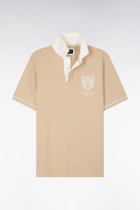 Maillot à manches courtes en jersey de coton beige écusson brodé coupe regular - Image 2