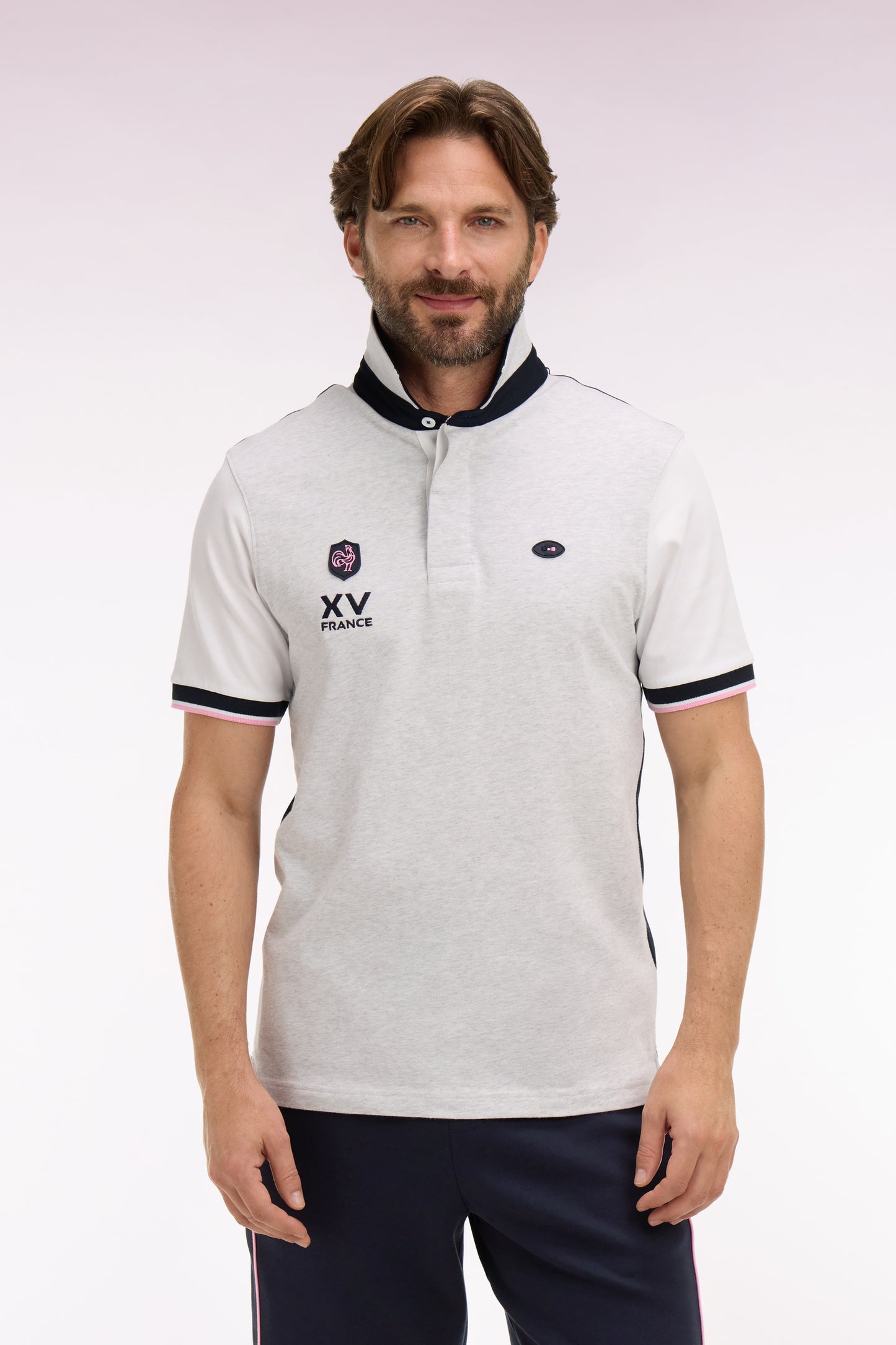 XV de France short-sleeved jersey in gray and navy cotton embroidered regular fit