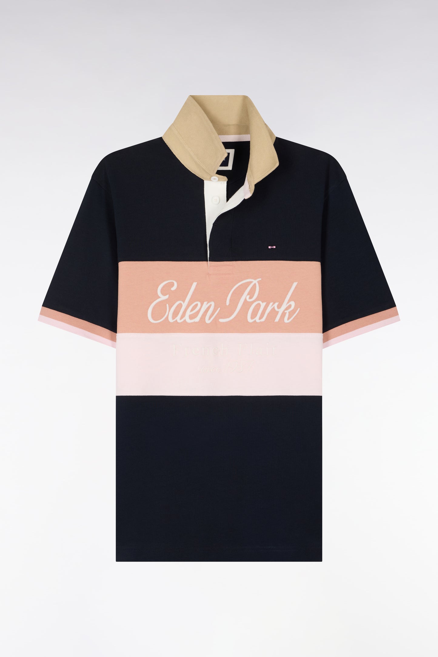 Regular fit navy short-sleeved jersey with pastel cutouts and embroidery