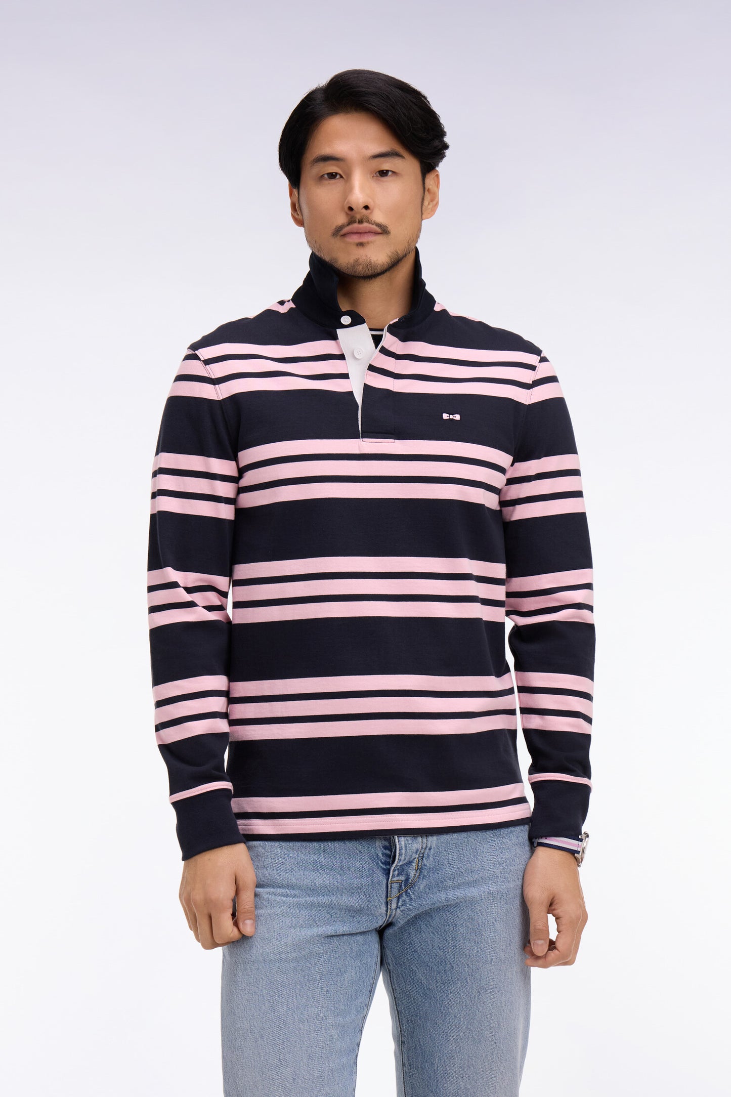 Maillot à manches longues en coton rayé marine et rose