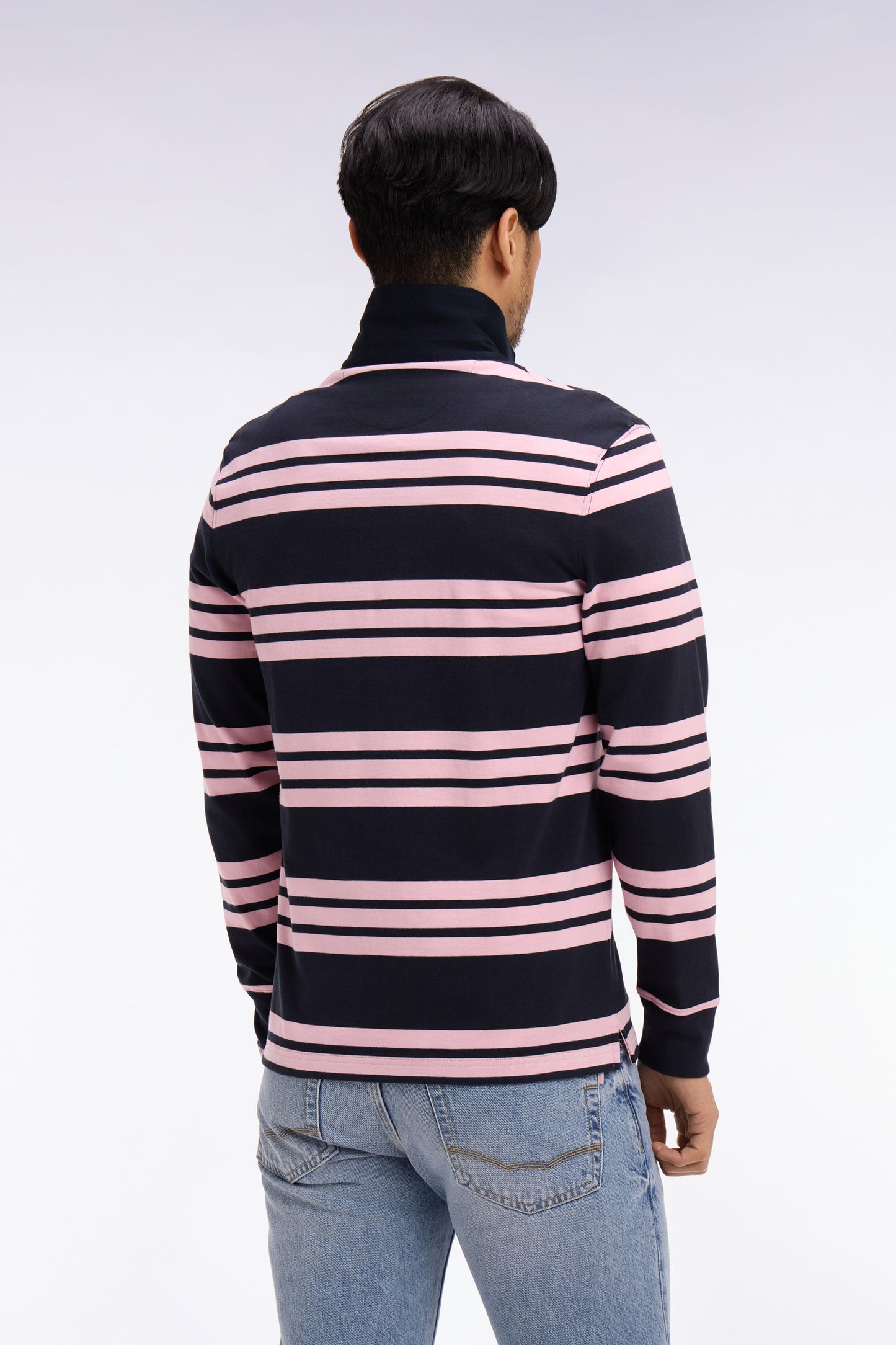 Maillot à manches longues en coton rayé marine et rose