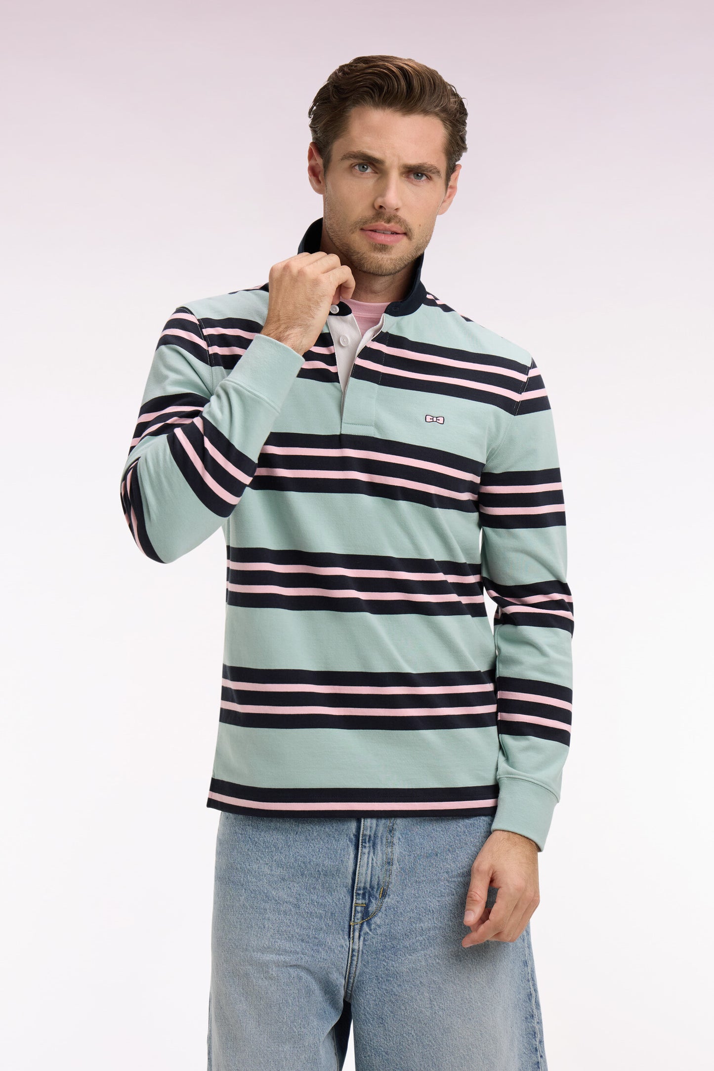 Maillot à manches longues en coton rayé vert d'eau