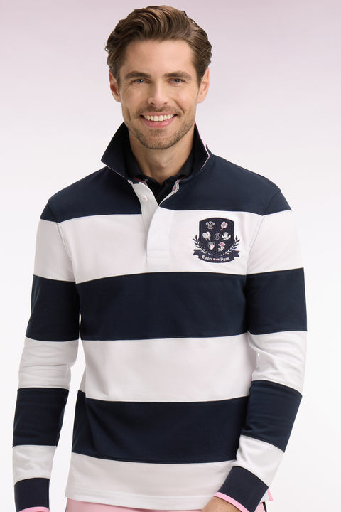 Maillot 6 Nations à manches longues en coton rayé blanc et marine - Image 1