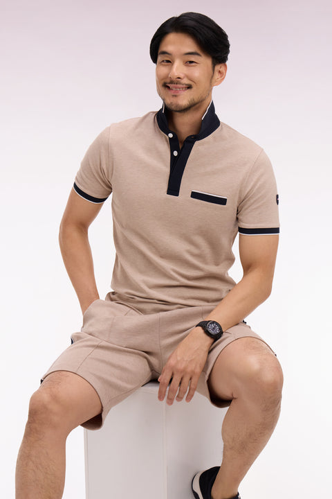 Polo manches courtes en piqué coton stretch beige coupe slim - Image 1