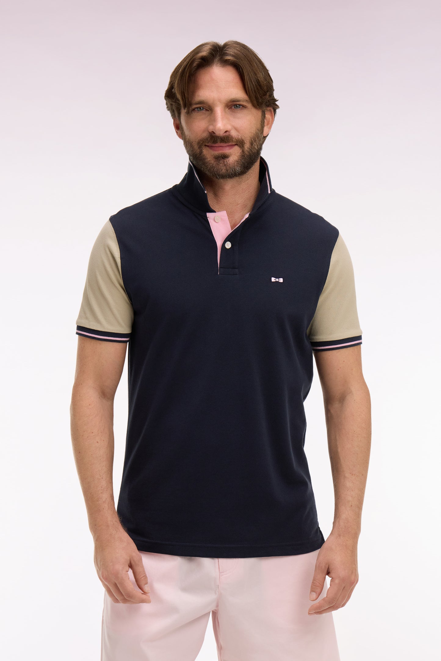 Polo à manches courtes en coton marine et beige