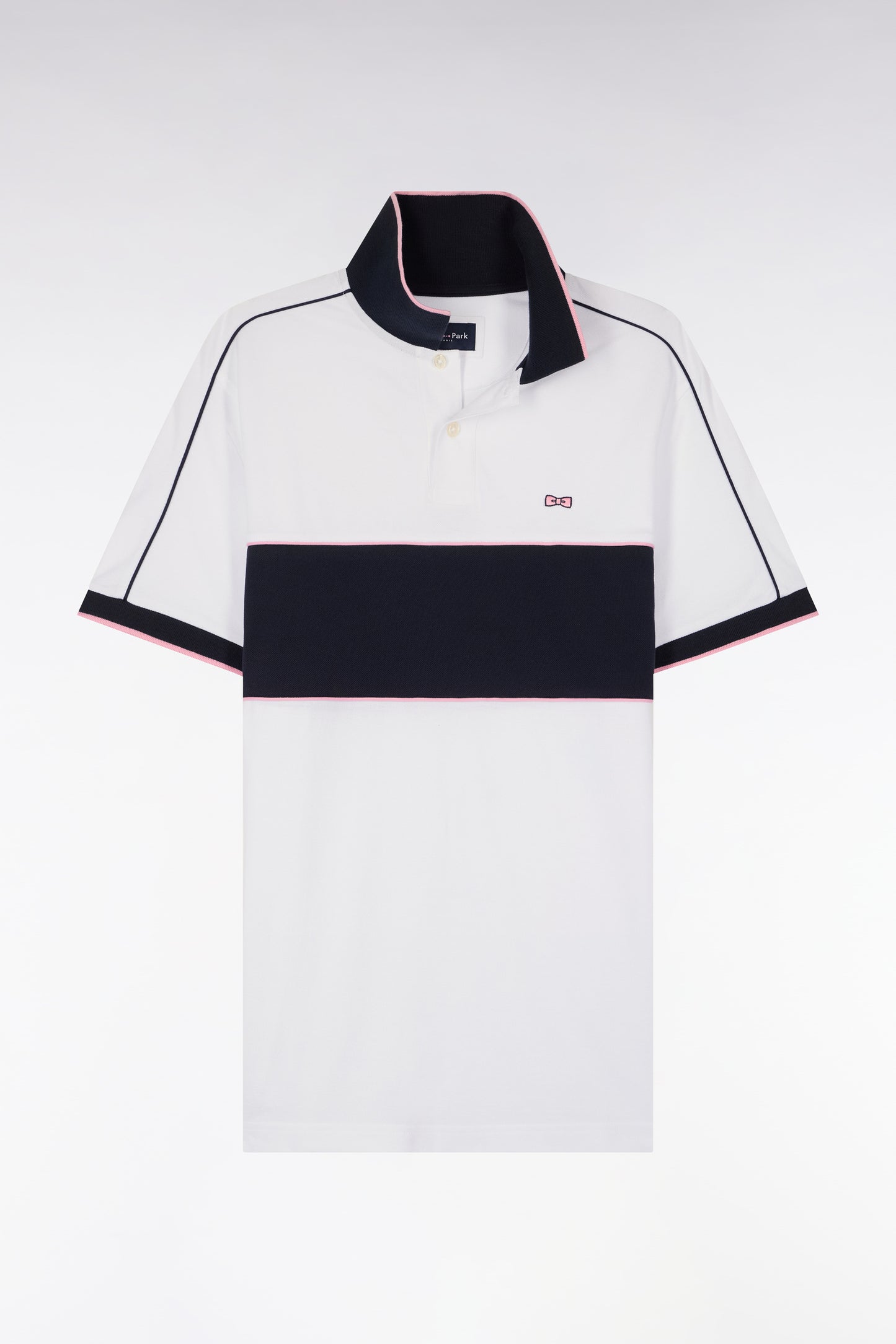 Short-sleeved polo shirt in white cotton with navy cutouts, regular fit
