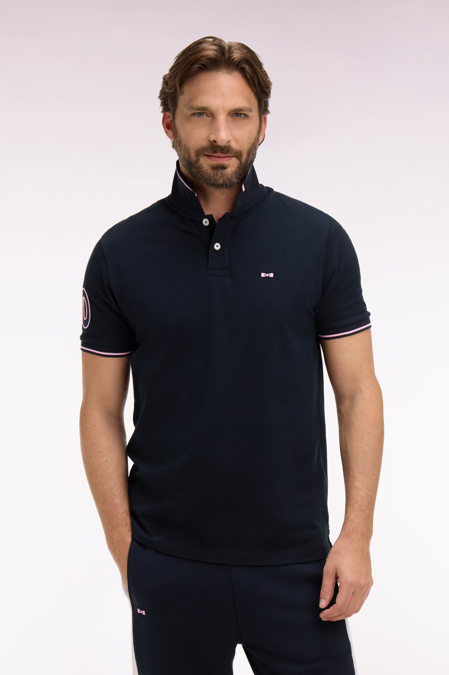Regular fit embroidered navy cotton short-sleeved polo shirt
